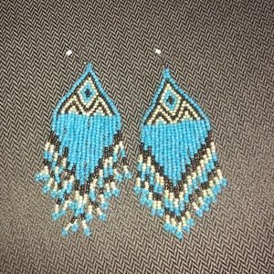 Aztec fringe blue beaded earrings